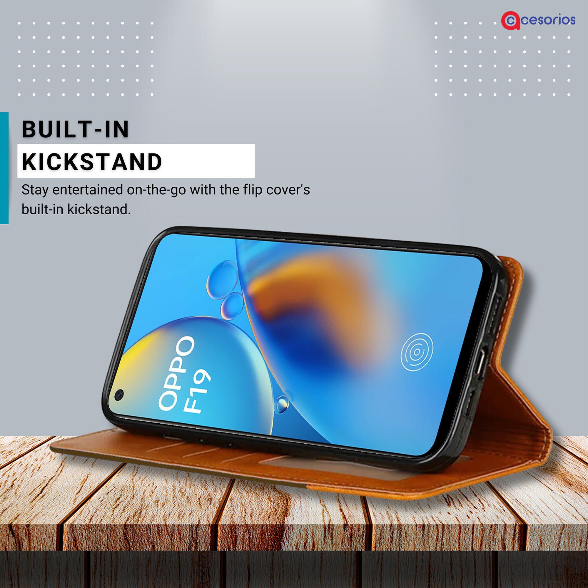 Accesorios Oppo F19 denim flip cover – Dark Brown – Image 4 #color_dark brown
