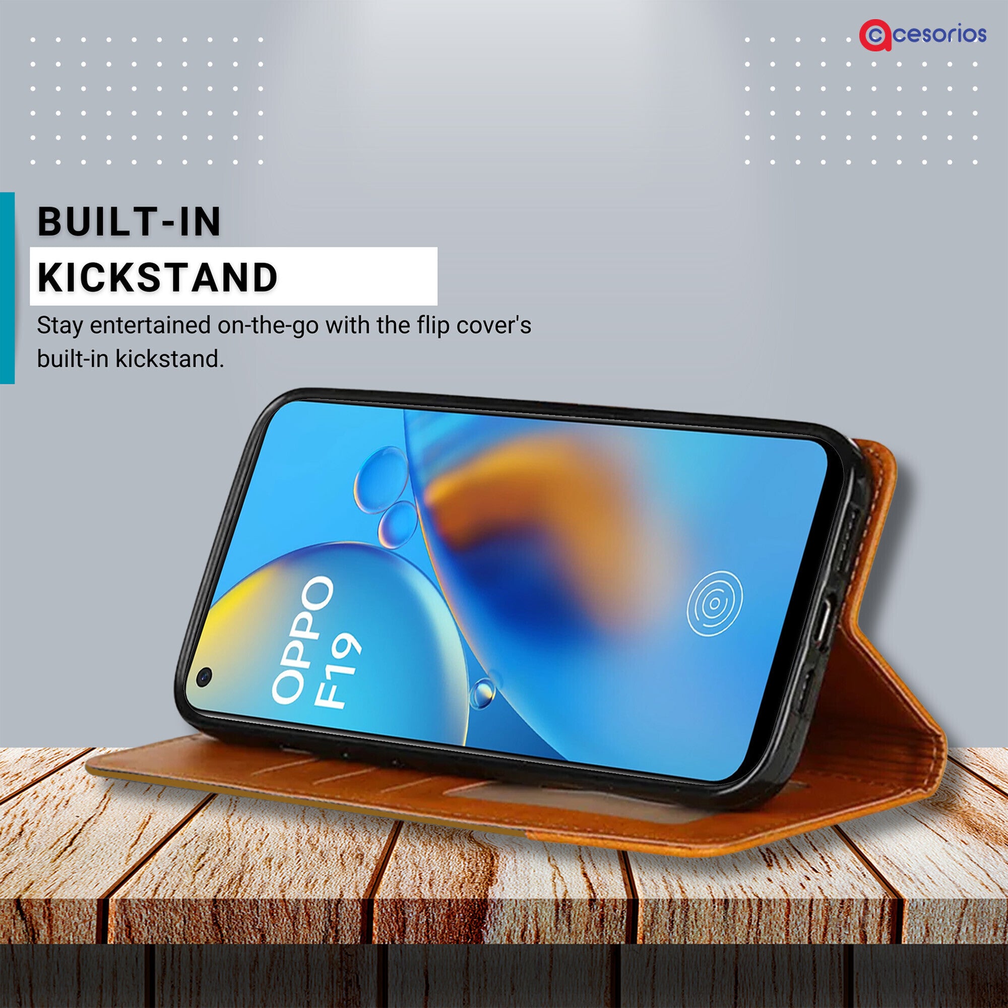 Accesorios Oppo F19 denim flip cover – Light Brown – Image 4 #color_light brown