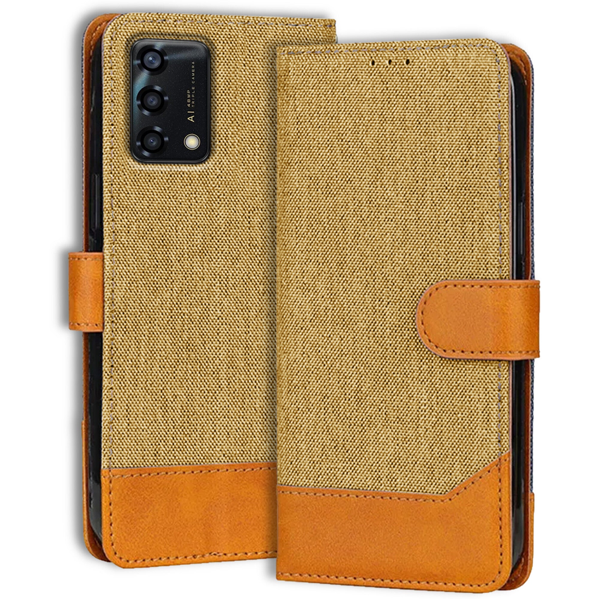 Accesorios Oppo F19S denim flip cover – Light Brown – Image 1 #color_light brown