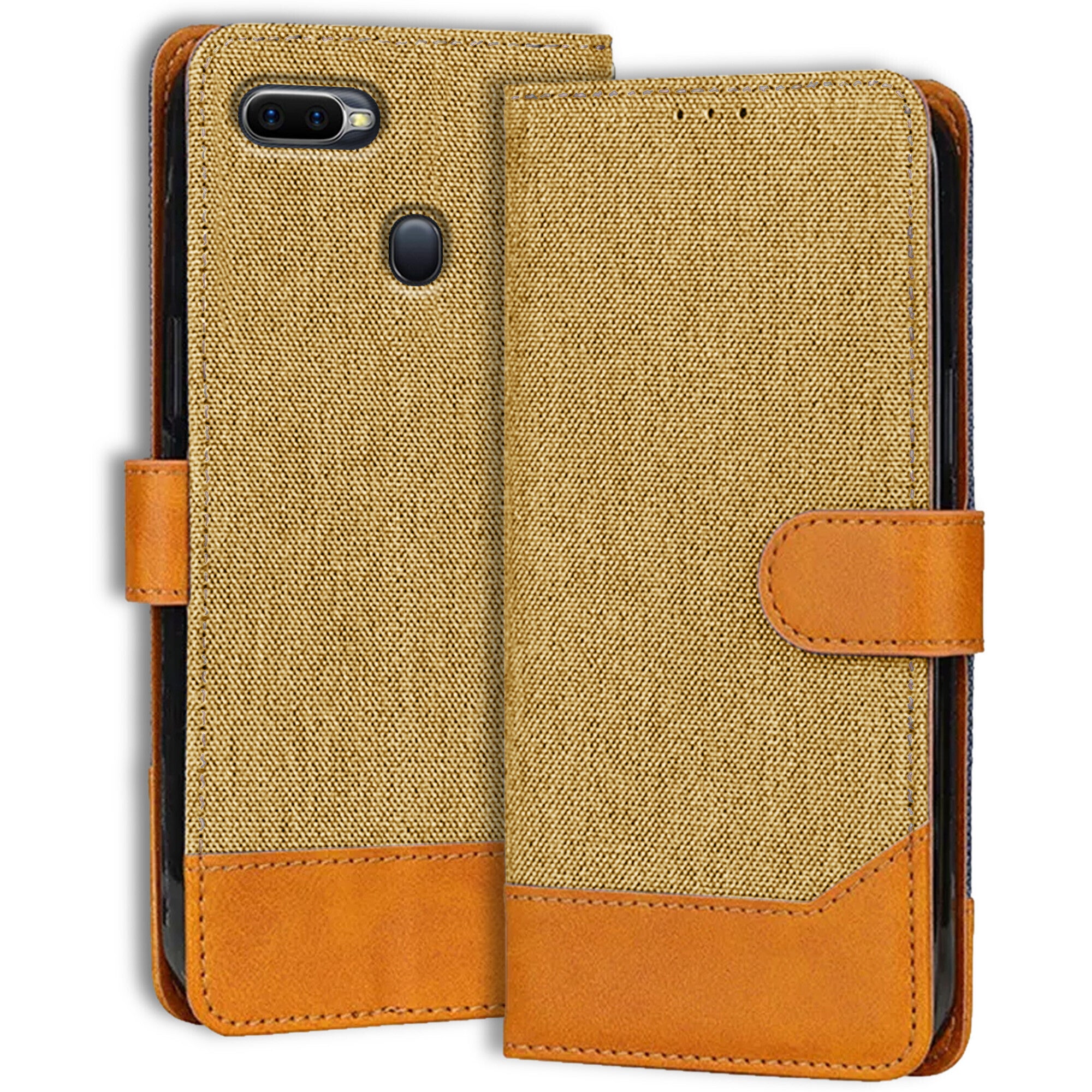 Accesorios Oppo F9 denim flip cover – Light Brown – Image 1 #color_light brown