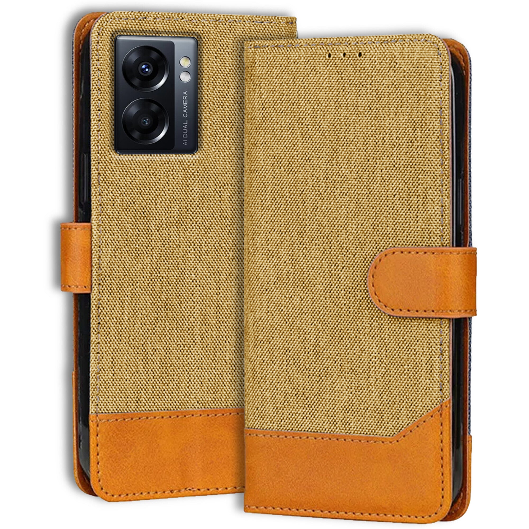 Accesorios Oppo K10 5G denim flip cover – Light Brown – Image 1 #color_light brown