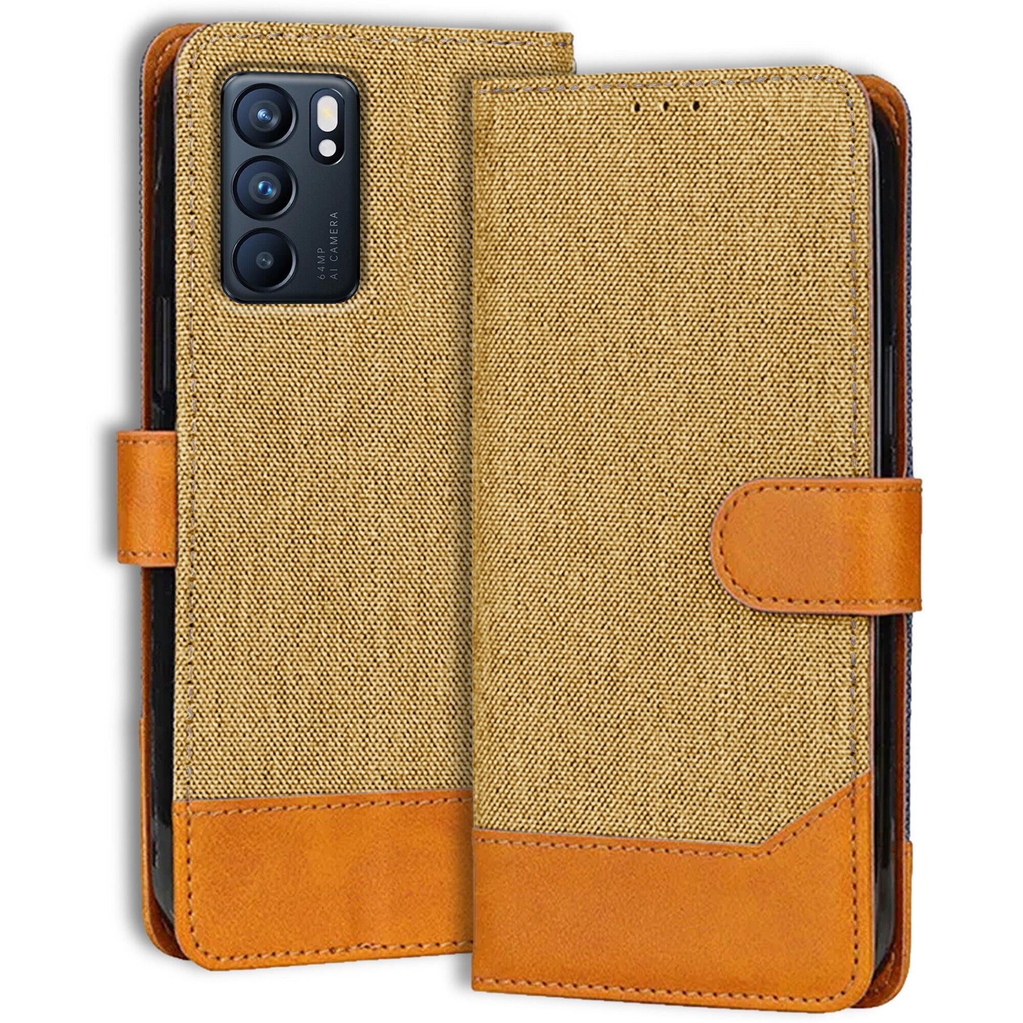 Accesorios Oppo Reno 6 5G denim flip cover – Light Brown – Image 1 #color_light brown