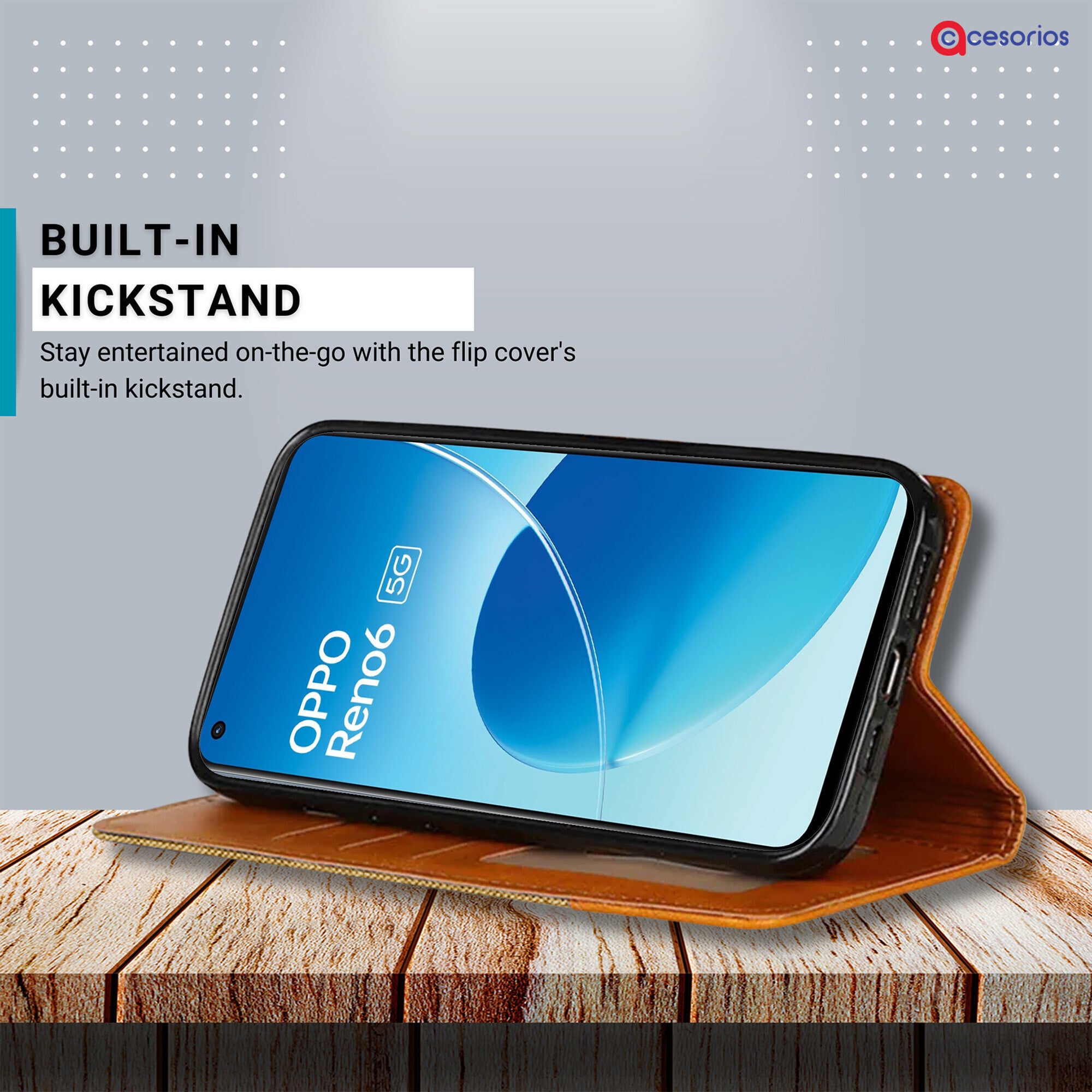 Accesorios Oppo Reno 6 5G denim flip cover – Light Brown – Image 4 #color_light brown