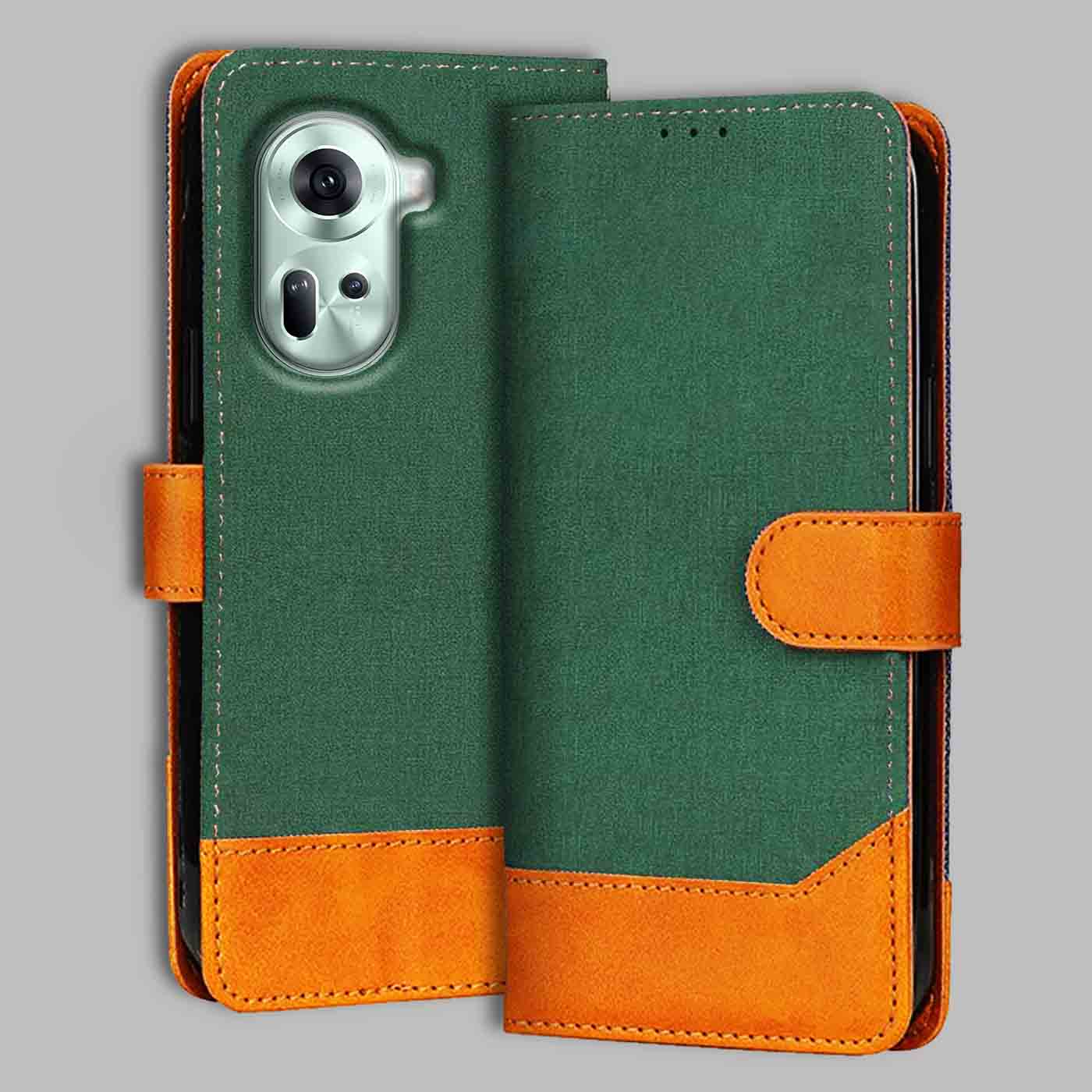 Reno 11 5G Canvas & Suede Flip Cover | Dual Color | Stylish & Durable - Green