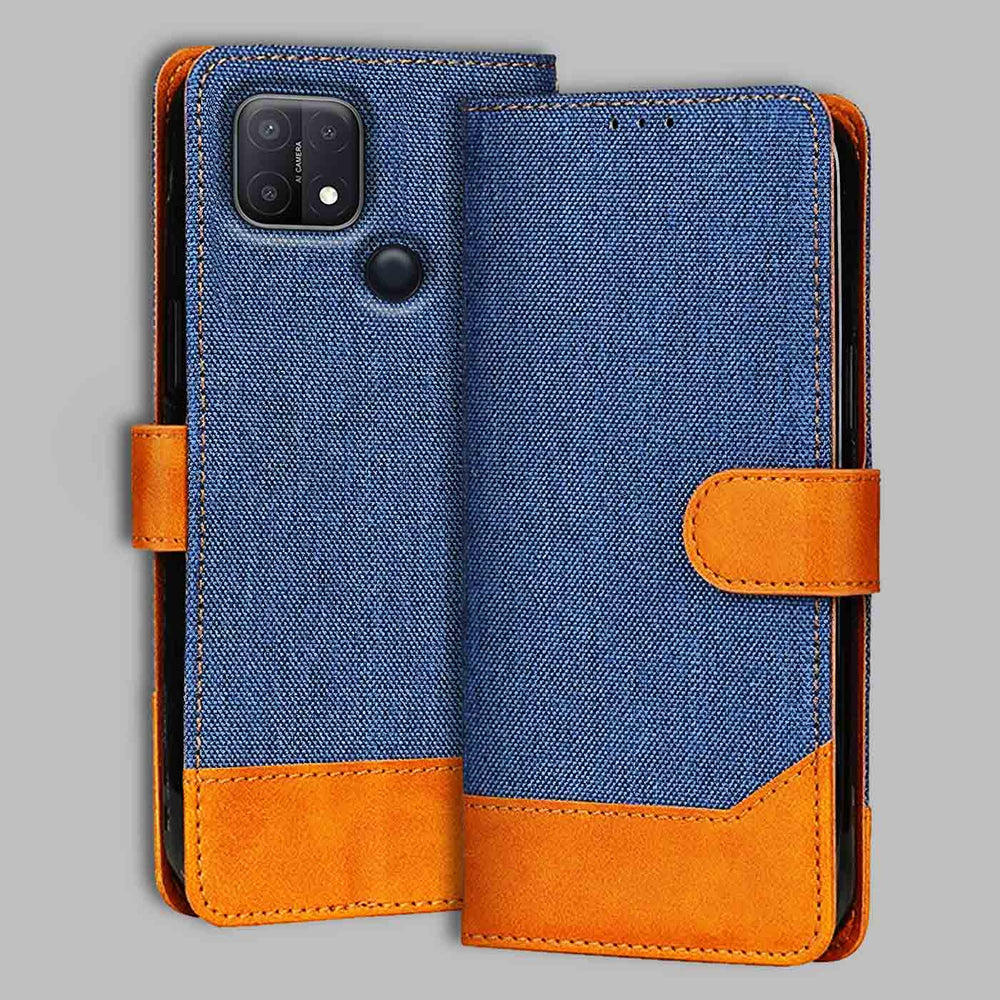 Oppo A15 flip cover in Blue — front view by Accesorios
