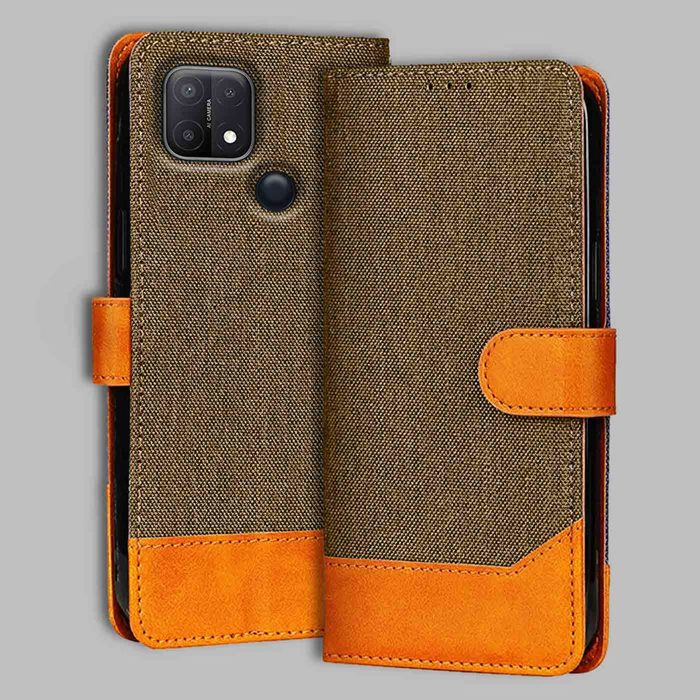 Oppo A15 flip cover in Dark Brown — front view by Accesorios