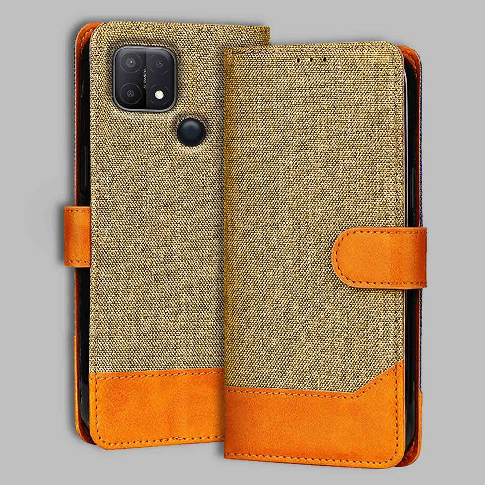 Oppo A15 flip cover in Light Brown — front view by Accesorios