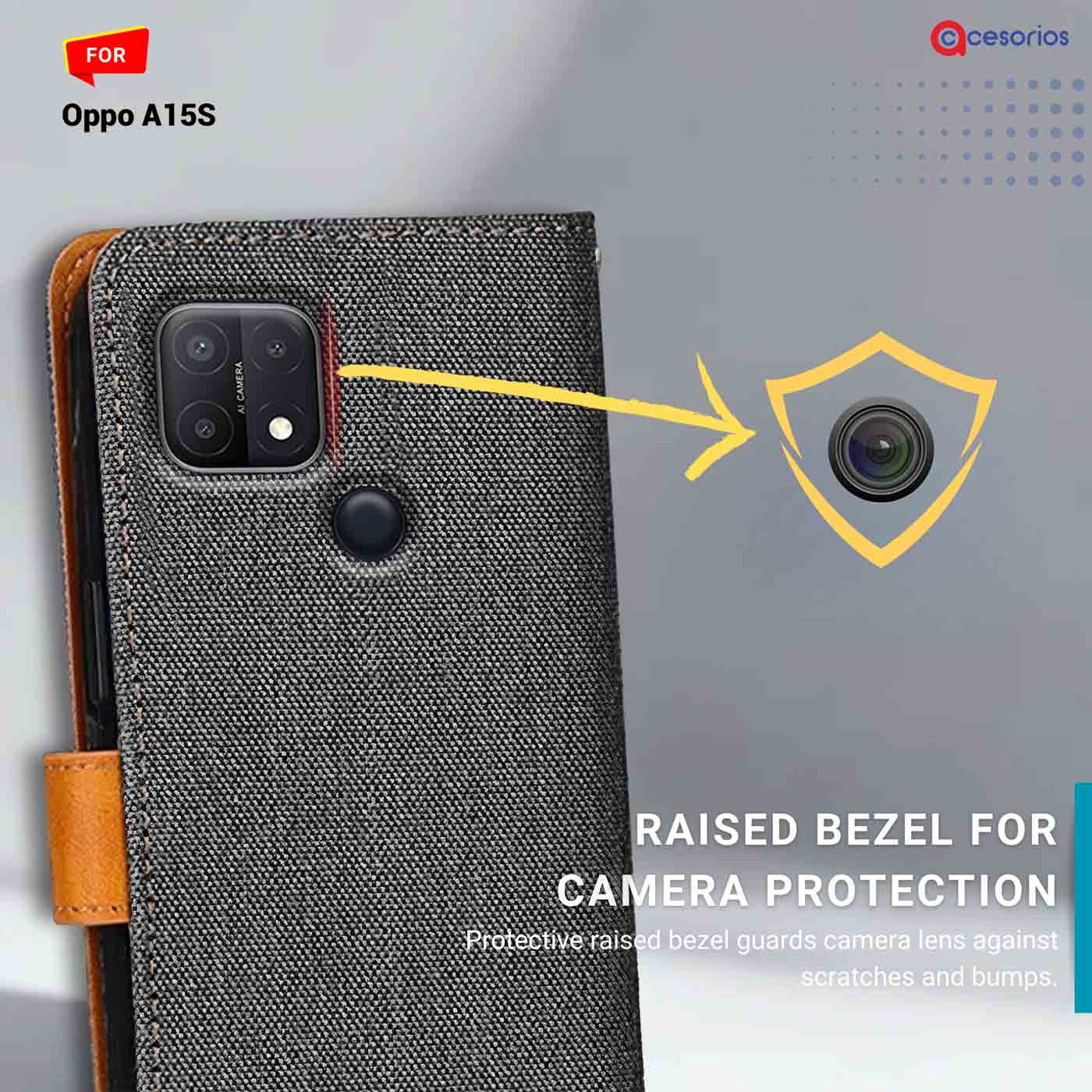 Accesorios Oppo A15S denim flip cover – Grey – Image 2 #color_