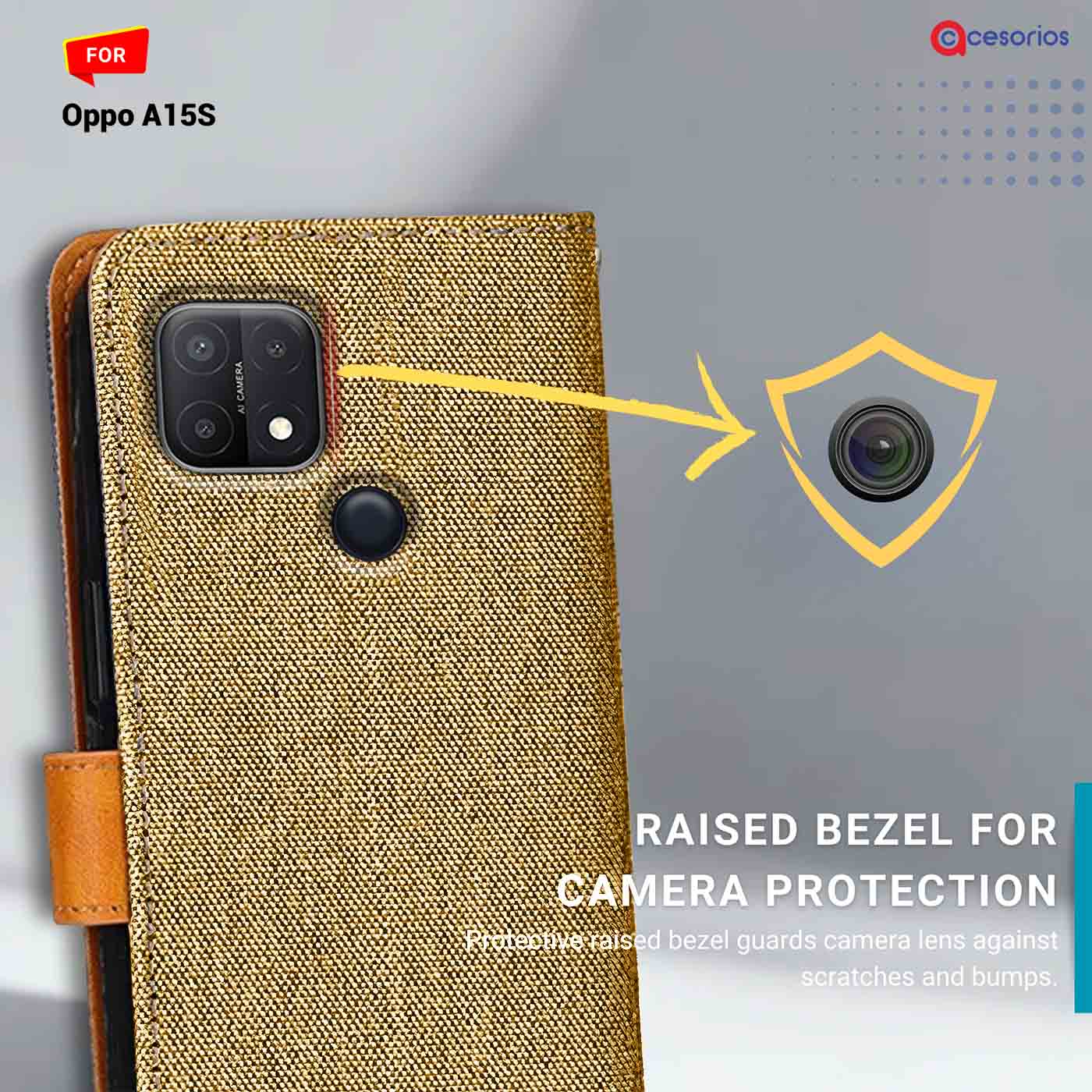 Accesorios Oppo A15S denim flip cover – Light Brown – Image 2 #color_light b