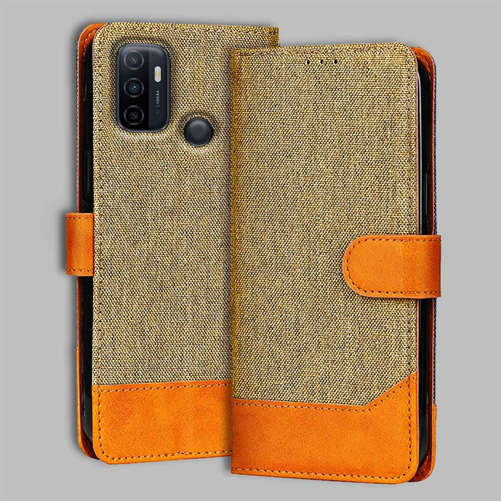 Oppo A33 flip cover in Light Brown — front view by Accesorios