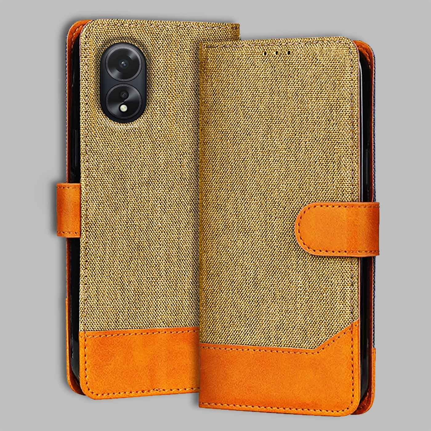 Accesorios Oppo A38 denim flip cover – Light Brown – Image 1 #color_light b