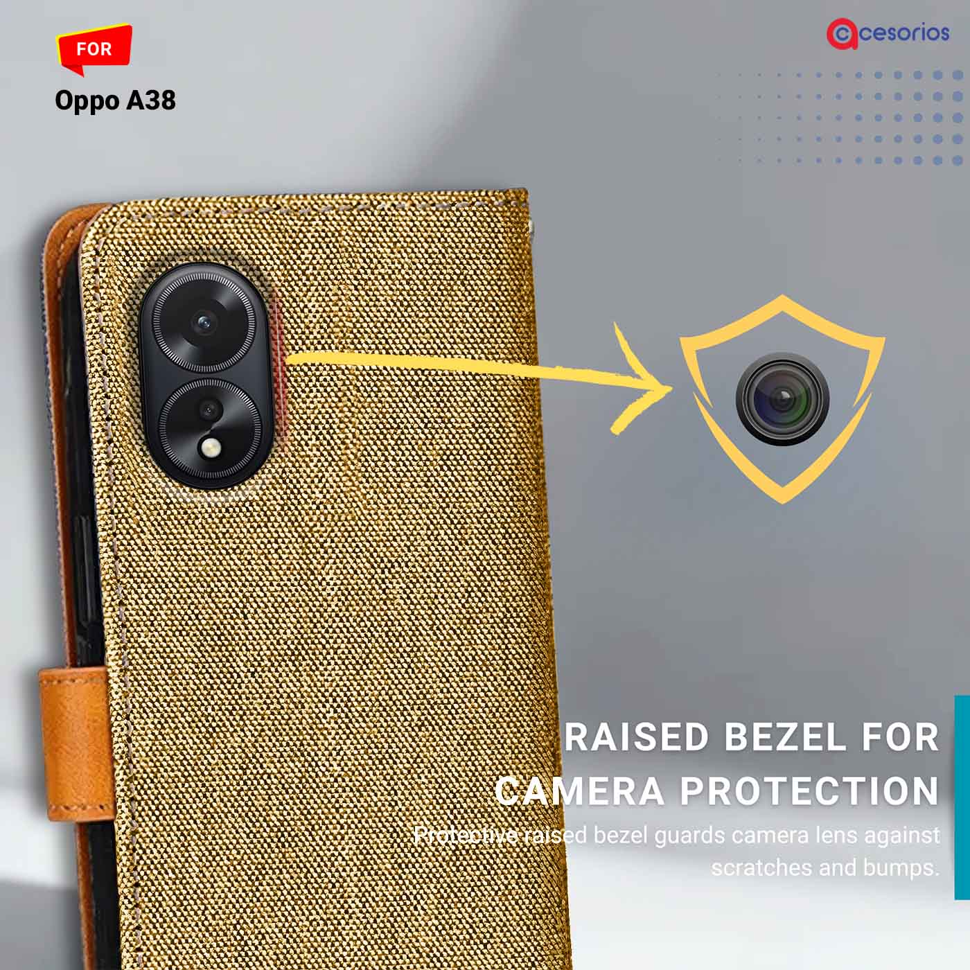 Accesorios Oppo A38 denim flip cover – Light Brown – Image 2 #color_light b