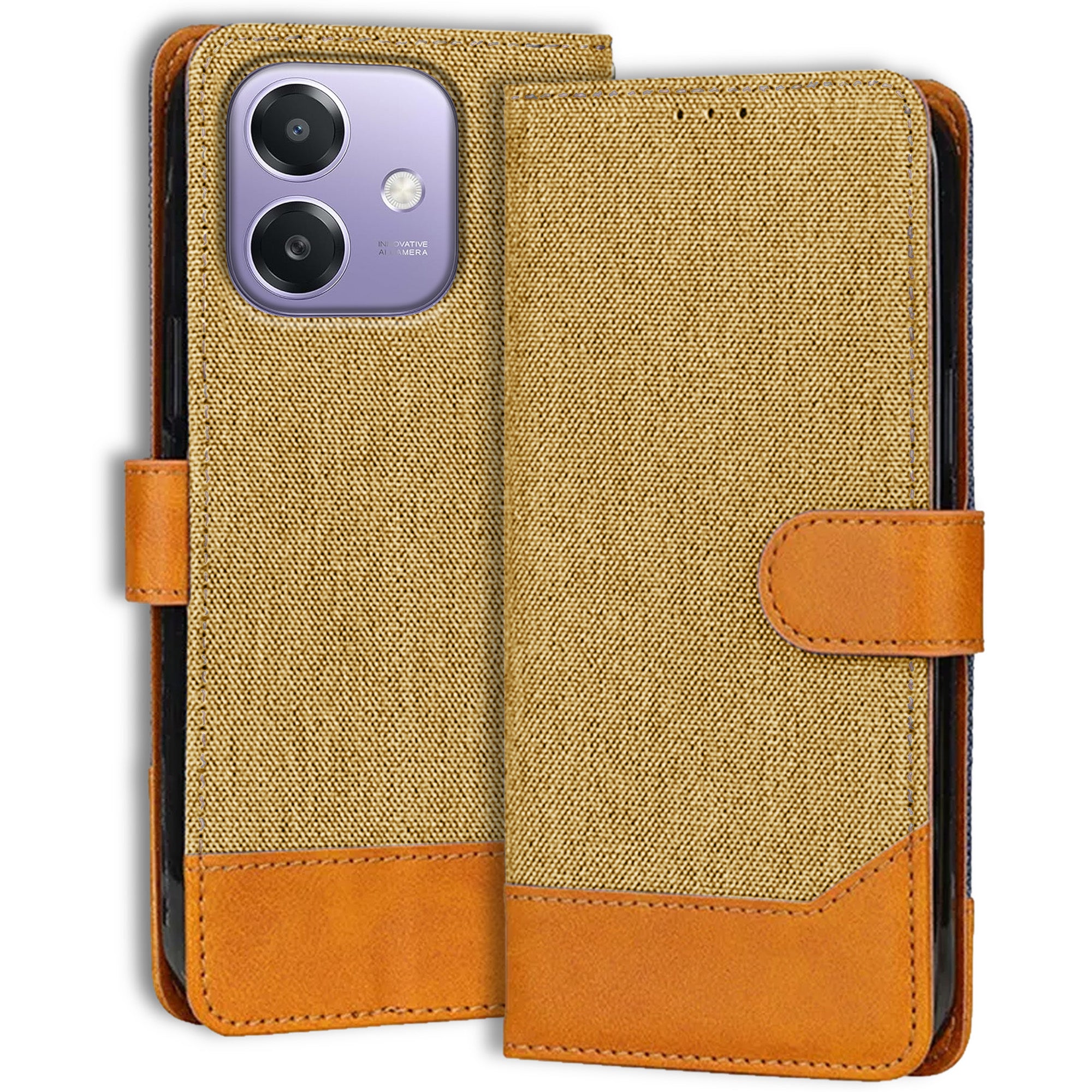 Accesorios Oppo A3X 5G denim flip cover – Light Brown – Image 1 #color_light brown
