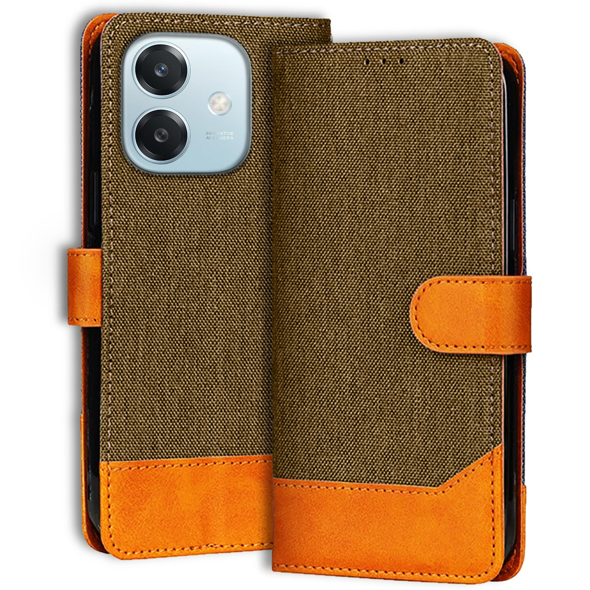 Accesorios Oppo A3 5G denim flip cover – Dark Brown – Image 1 #color_dark brown