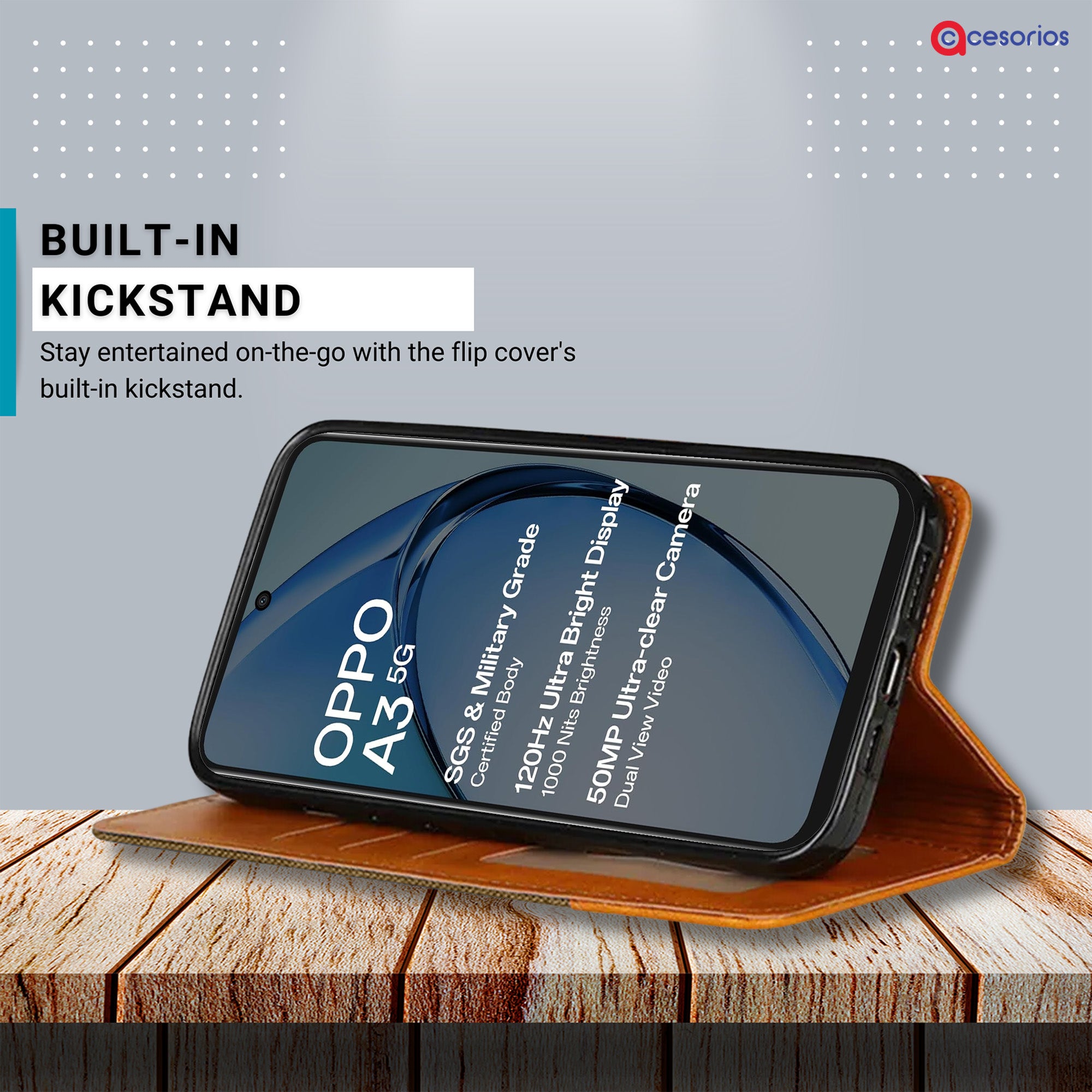 Accesorios Oppo A3 5G denim flip cover – Dark Brown – Image 4 #color_dark brown