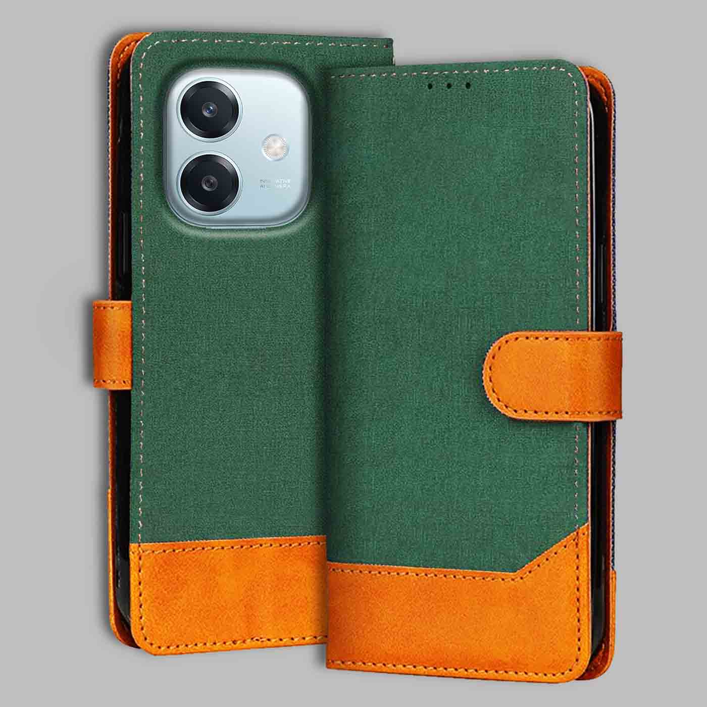 Oppo A3 5G flip cover in Green — front view by Accesorios