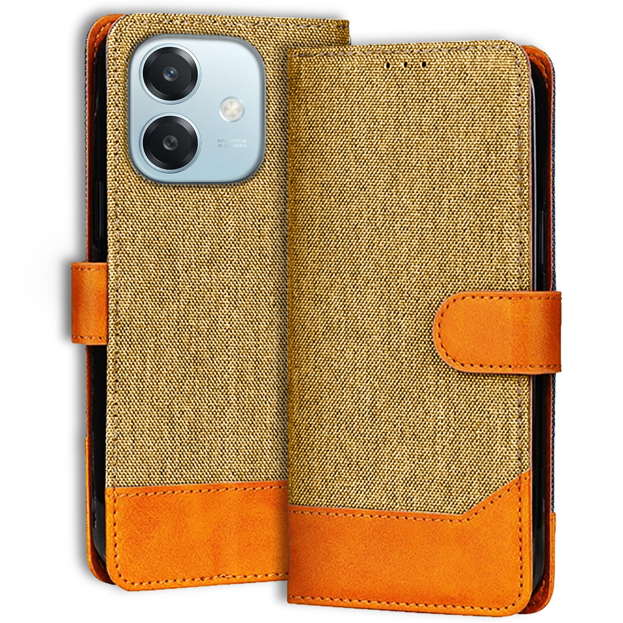 Accesorios Oppo A3 5G denim flip cover – Light Brown – Image 1 #color_light brown