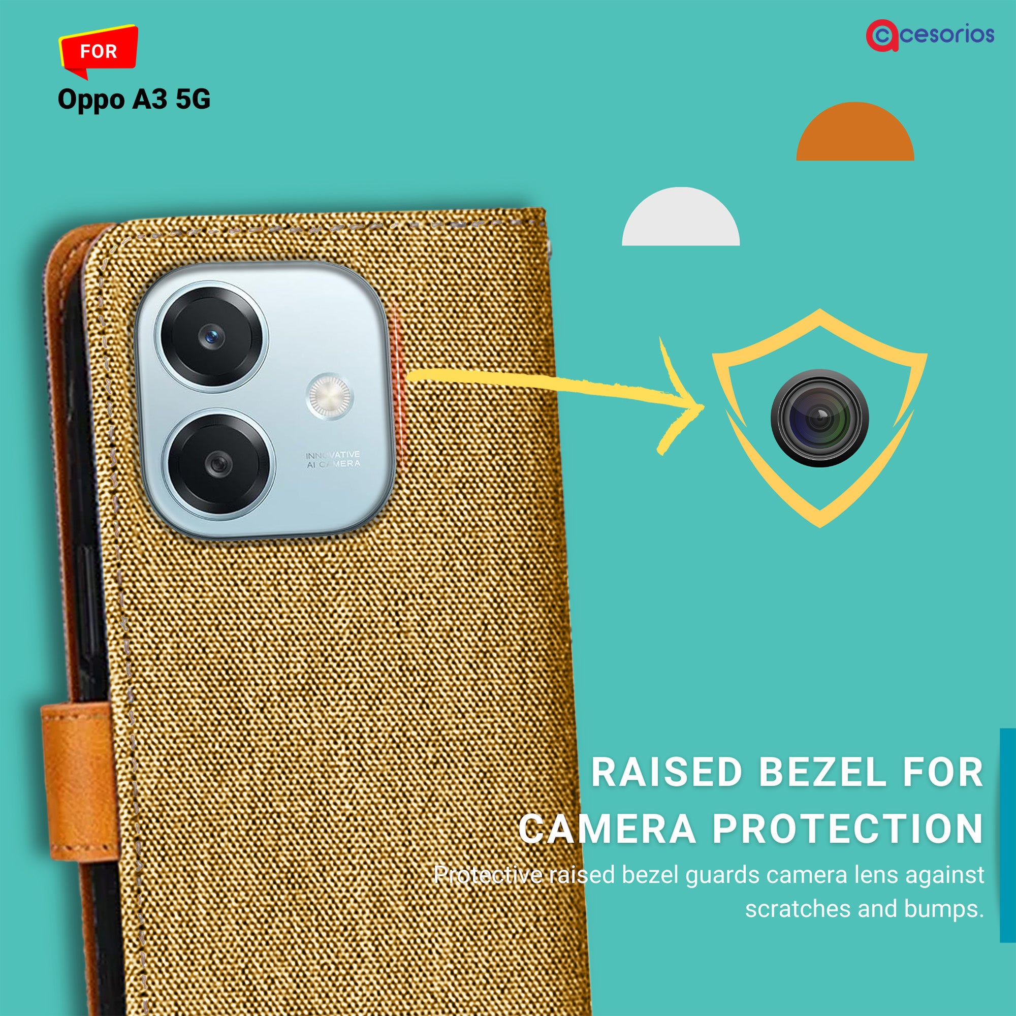 Accesorios Oppo A3 5G denim flip cover – Light Brown – Image 2 #color_light brown
