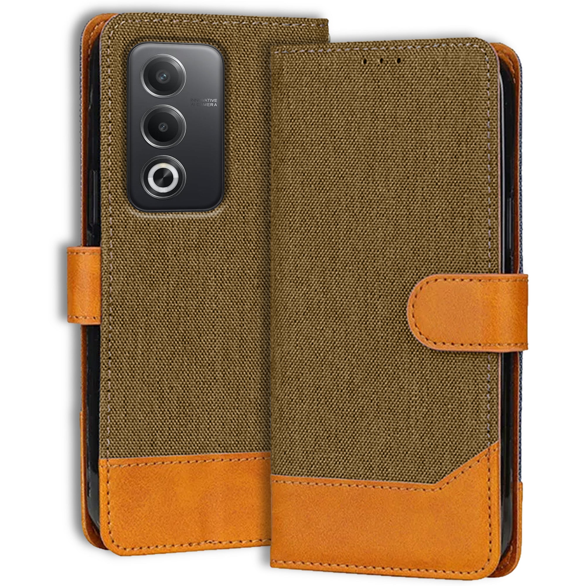 Accesorios Oppo A3 Pro 5G denim flip cover – Dark Brown – Image 1 #color_dark brown