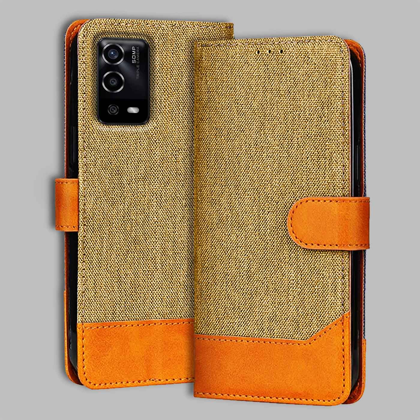 Accesorios Oppo A55 denim flip cover – Light Brown – Image 1 #color_light b