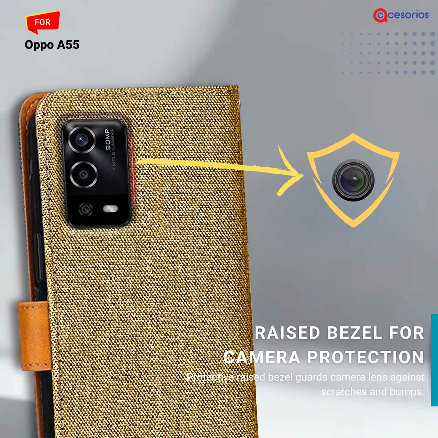Accesorios Oppo A55 denim flip cover – Light Brown – Image 2 #color_light b