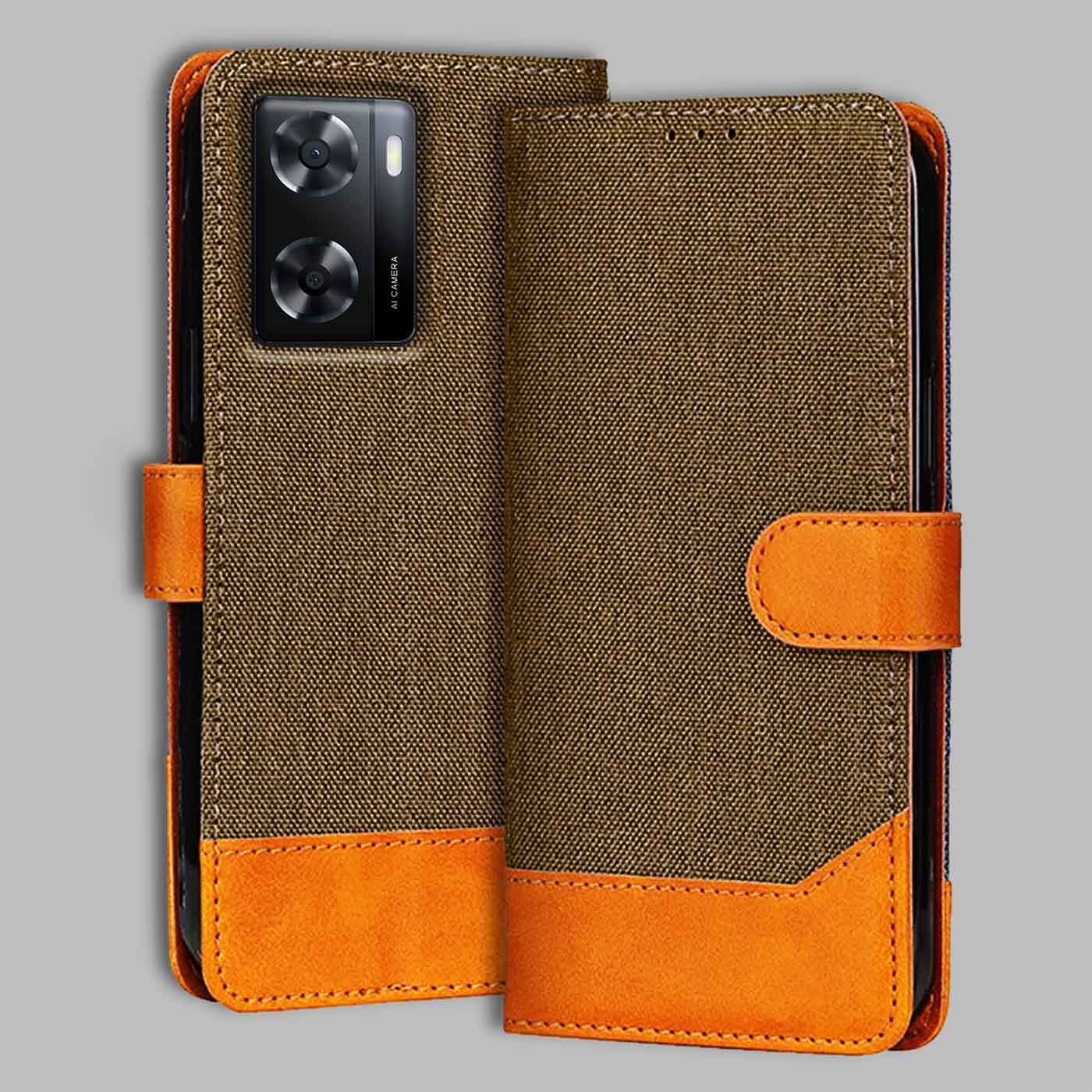 Accesorios Oppo A57 denim flip cover – Dark Brown – Image 1 #color_dark b