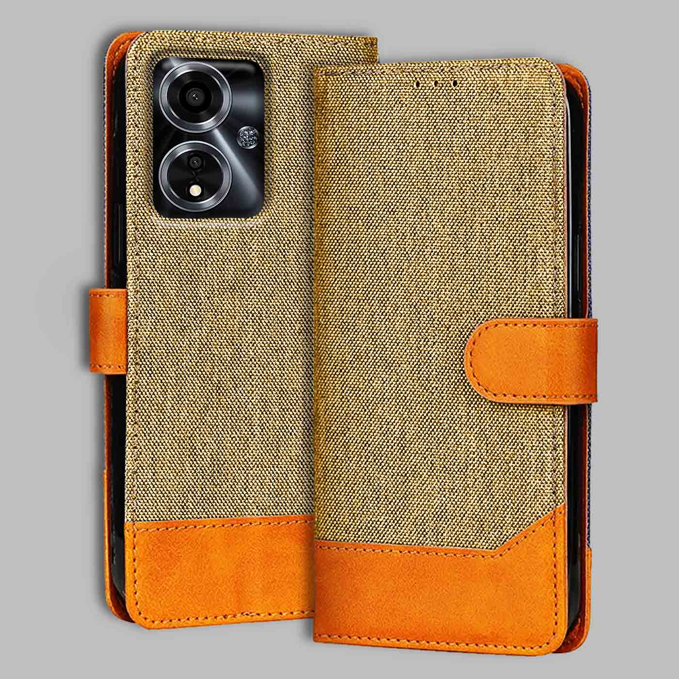 Accesorios Oppo A59 5G denim flip cover – Light Brown – Image 1 #color_light b