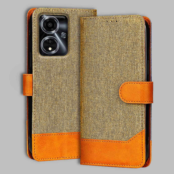 Oppo A59 5G Flip Cover — Denim, Camel Beige after a year of daily use