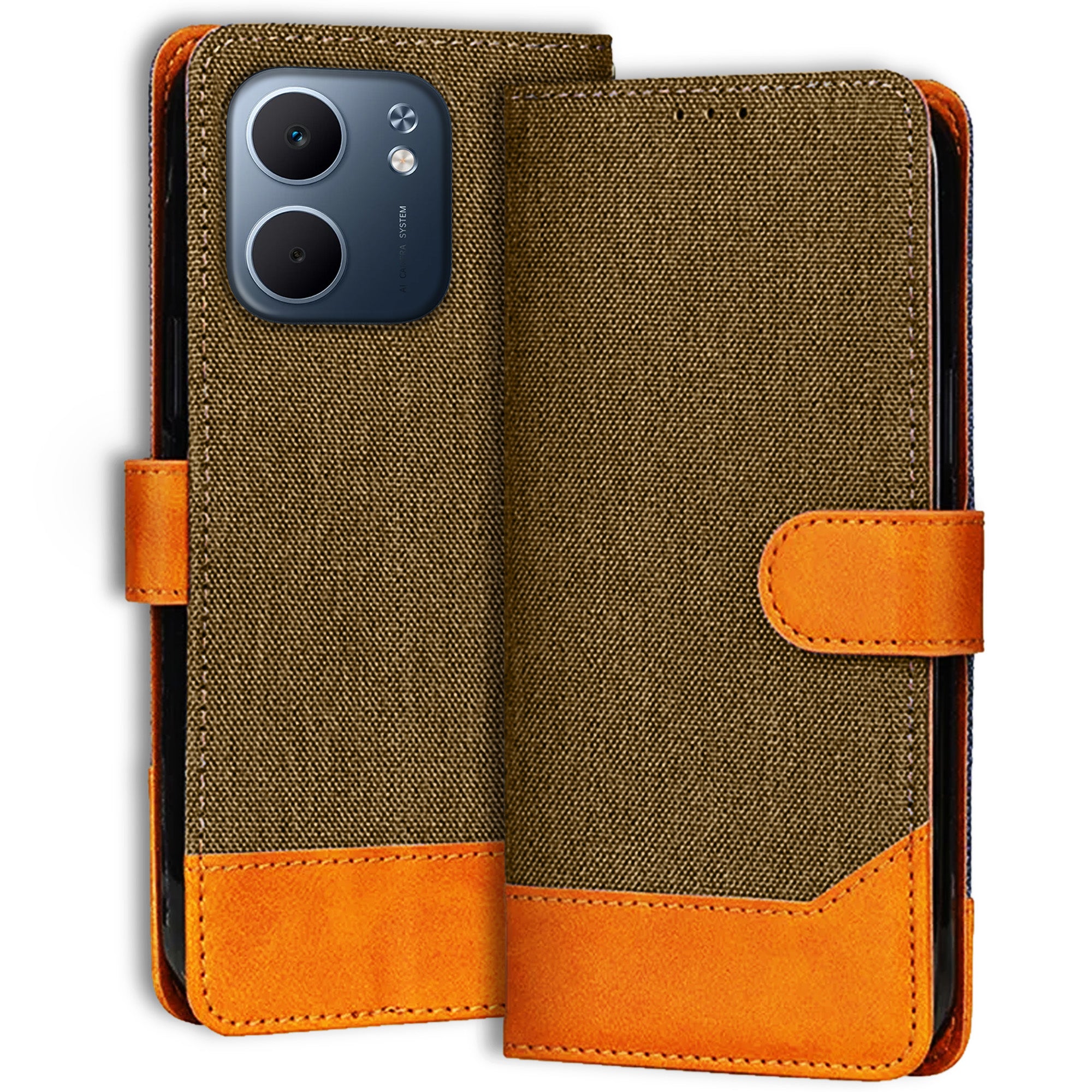 Accesorios Oppo A5X 5G denim flip cover – Dark Brown – Image 1 #color_dark brown