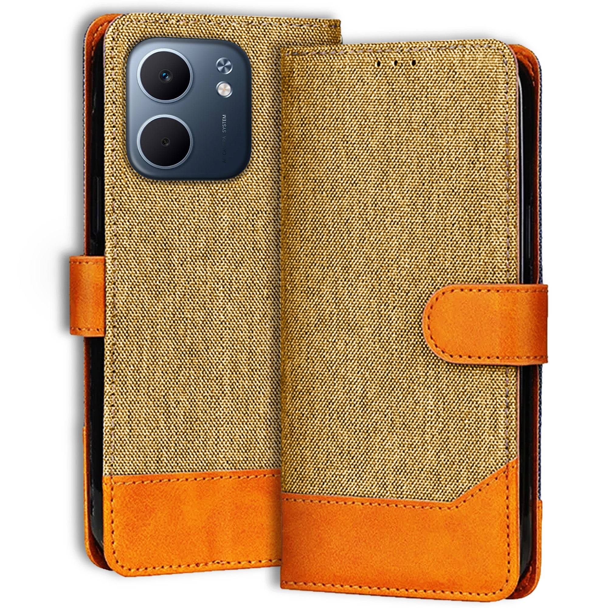 Accesorios Oppo A5X 5G denim flip cover – Light Brown – Image 1 #color_light brown