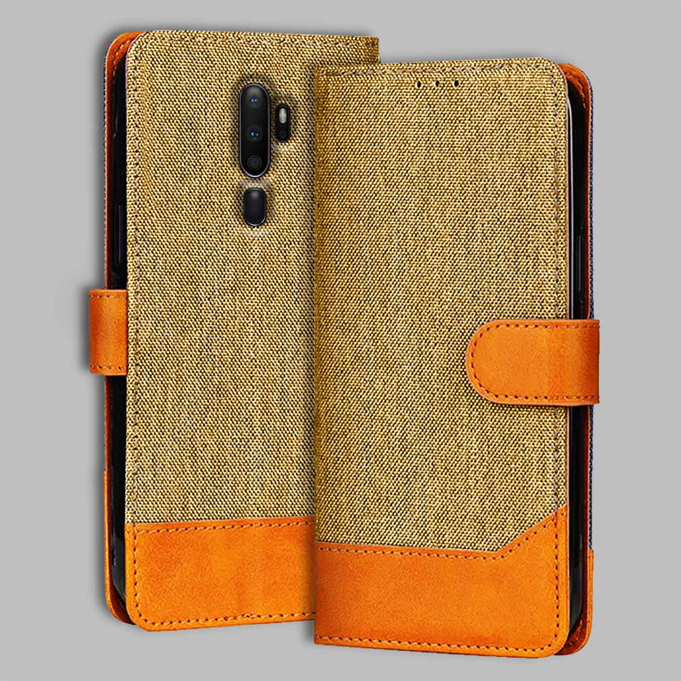 Oppo A5 2020 flip cover in Light Brown — front view by Accesorios