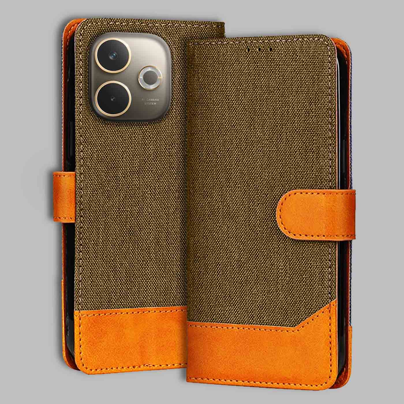 Oppo A5 Pro 5G flip cover in Dark Brown — front view by Accesorios