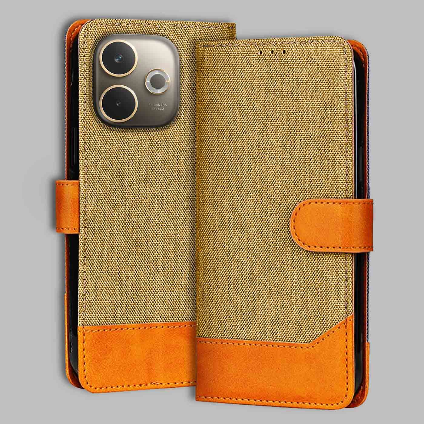 Oppo A5 Pro 5G flip cover in Light Brown — front view by Accesorios