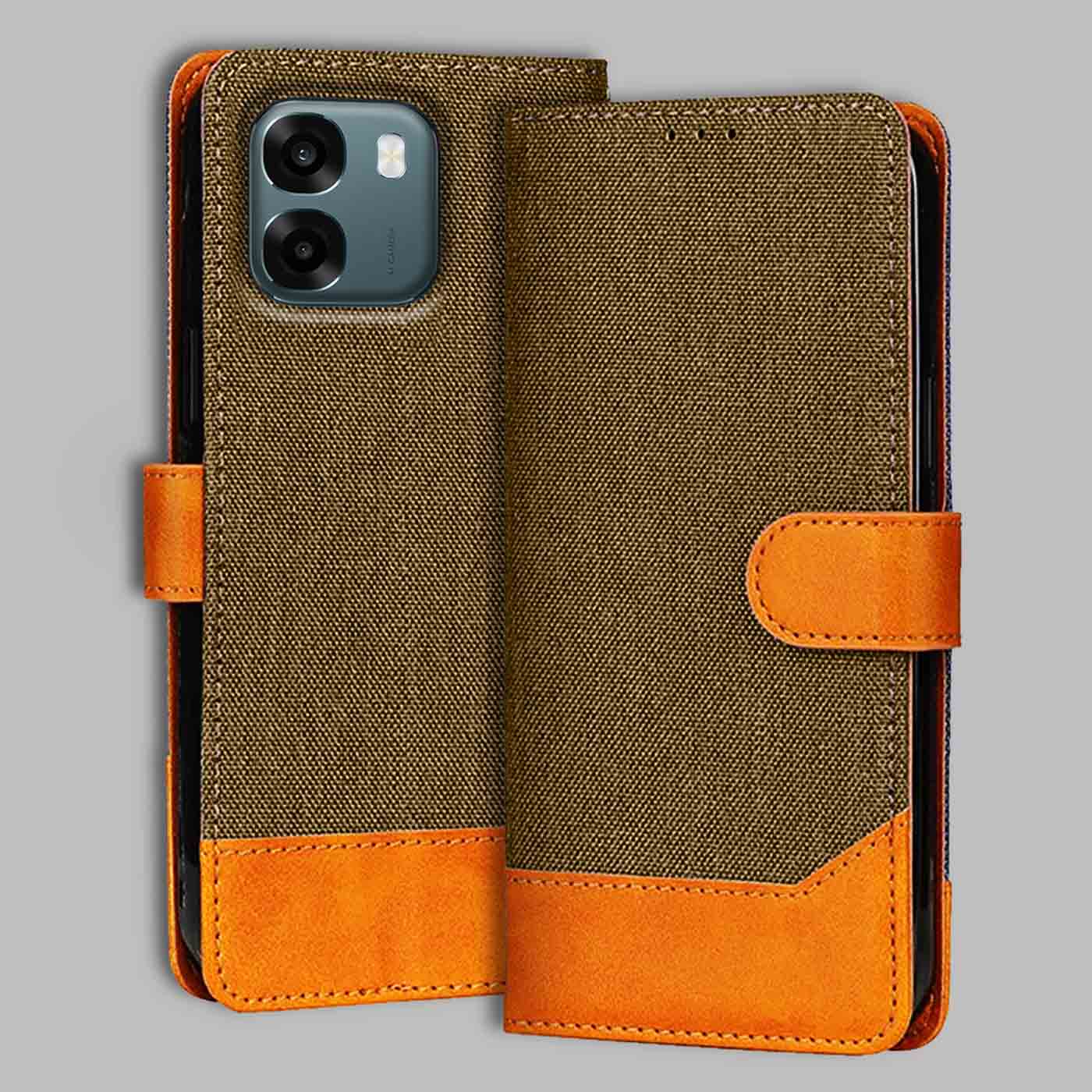 Oppo A6 5G flip cover in Dark Brown — front view by Accesorios
