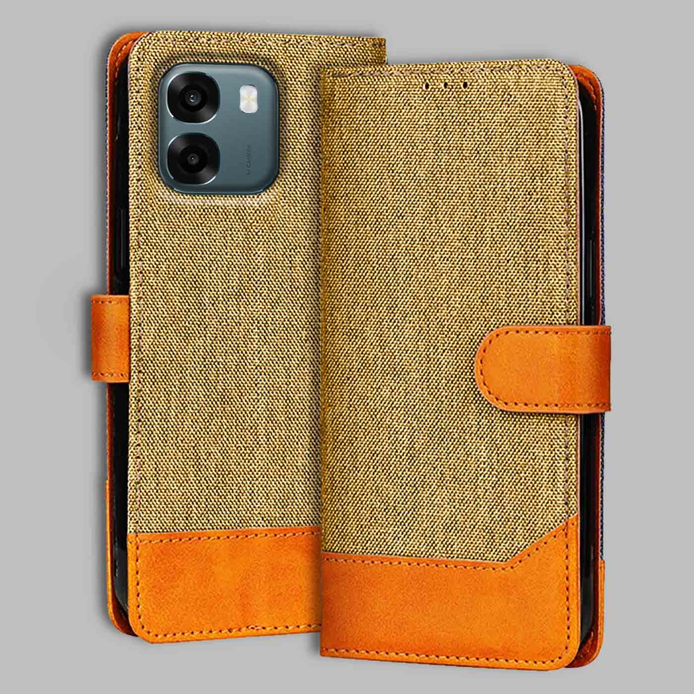 Oppo A6 5G flip cover in Light Brown — front view by Accesorios