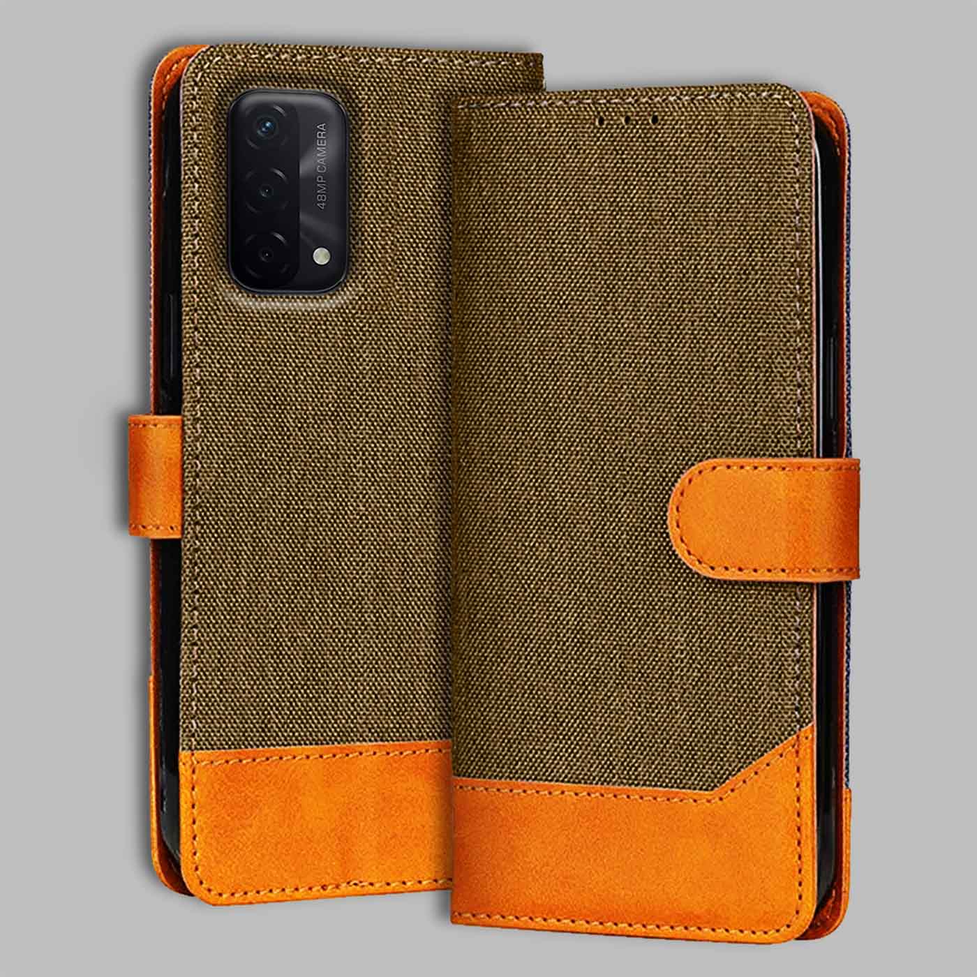 Accesorios Oppo A74 5G denim flip cover – Dark Brown – Image 1 #color_dark b