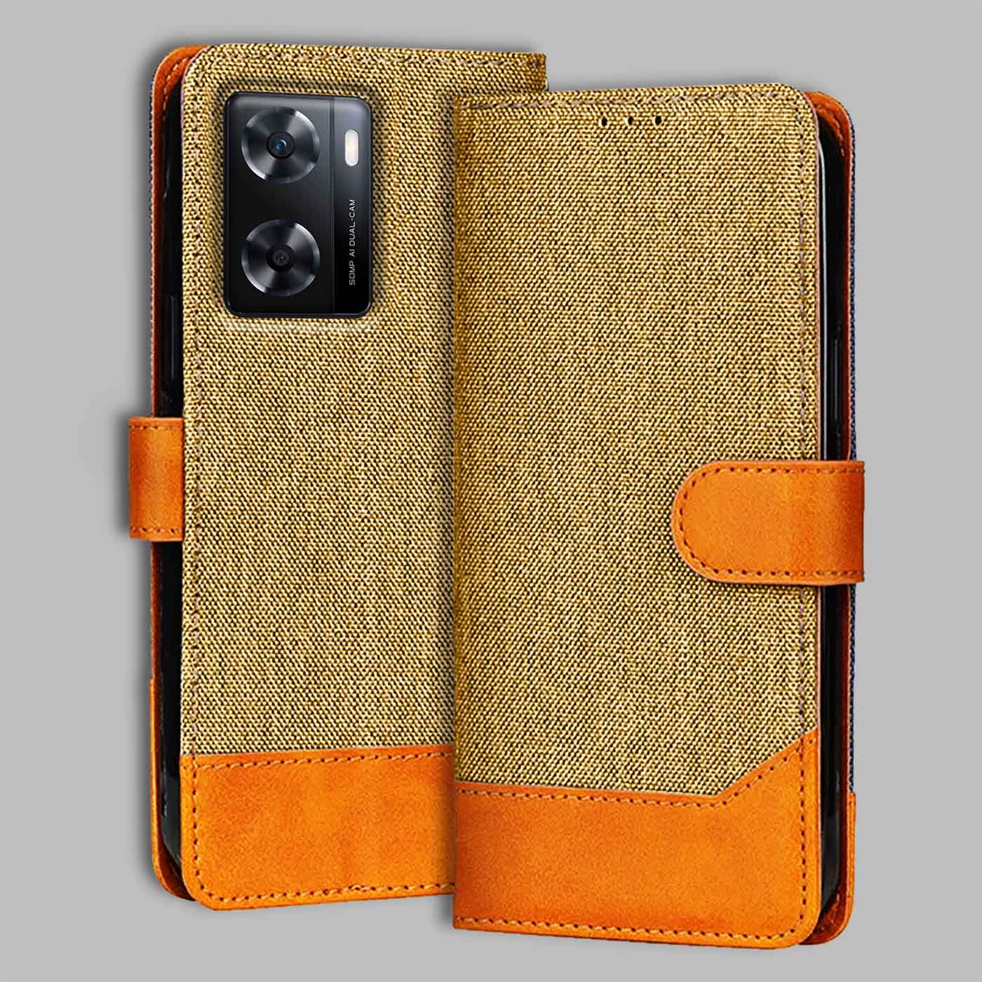 Oppo A77S 4G flip cover in Light Brown — front view by Accesorios