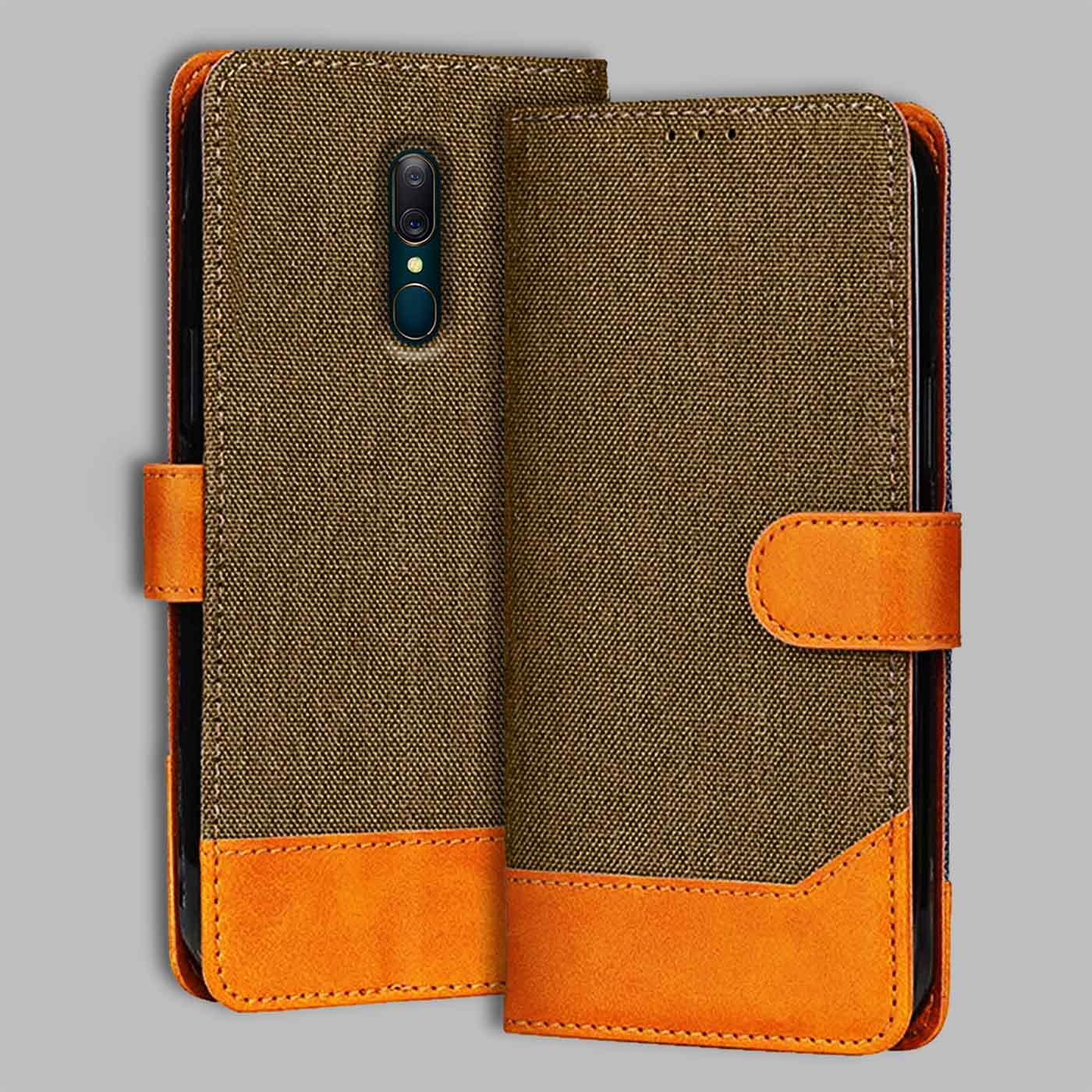 Oppo A9 flip cover in Dark Brown — front view by Accesorios