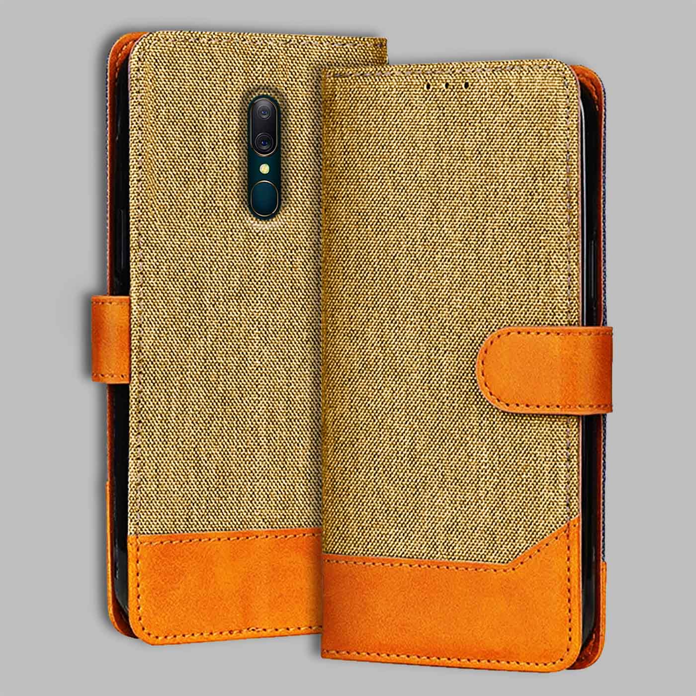 Oppo A9 flip cover in Light Brown — front view by Accesorios