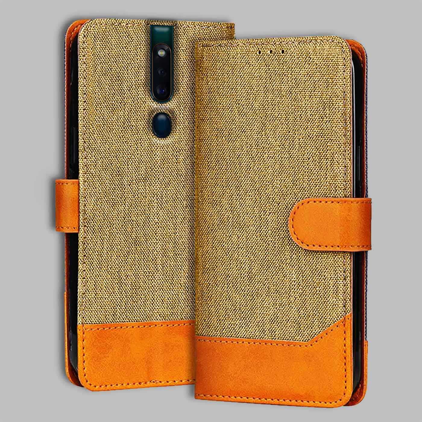 Oppo F11 Pro flip cover in Light Brown — front view by Accesorios