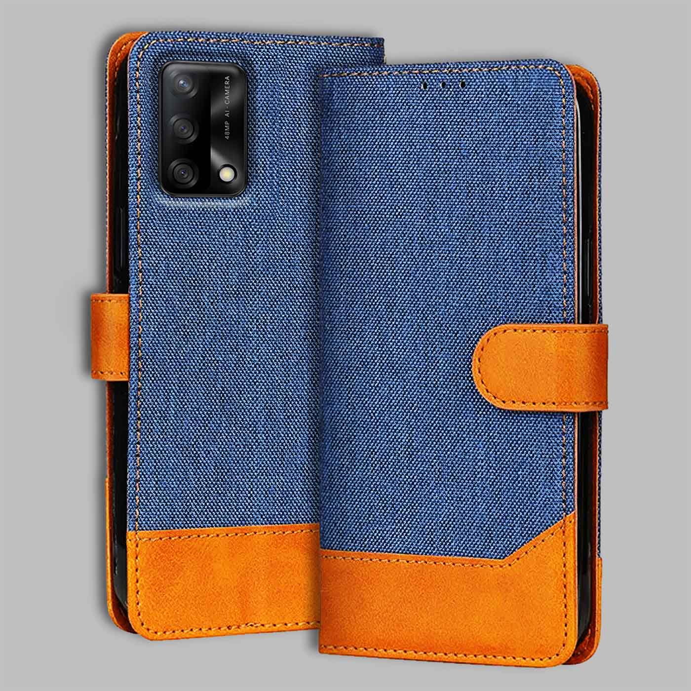 Oppo F19 flip cover in Blue — front view by Accesorios