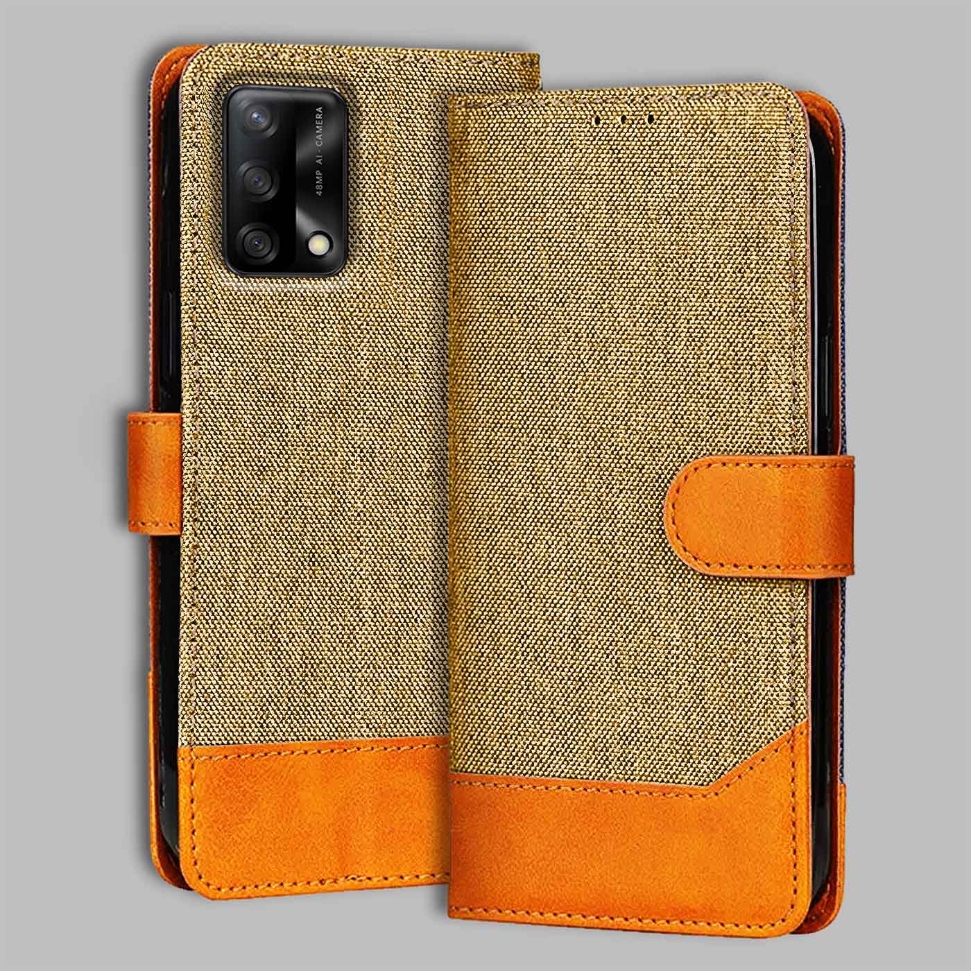 Oppo F19 flip cover in Light Brown — front view by Accesorios