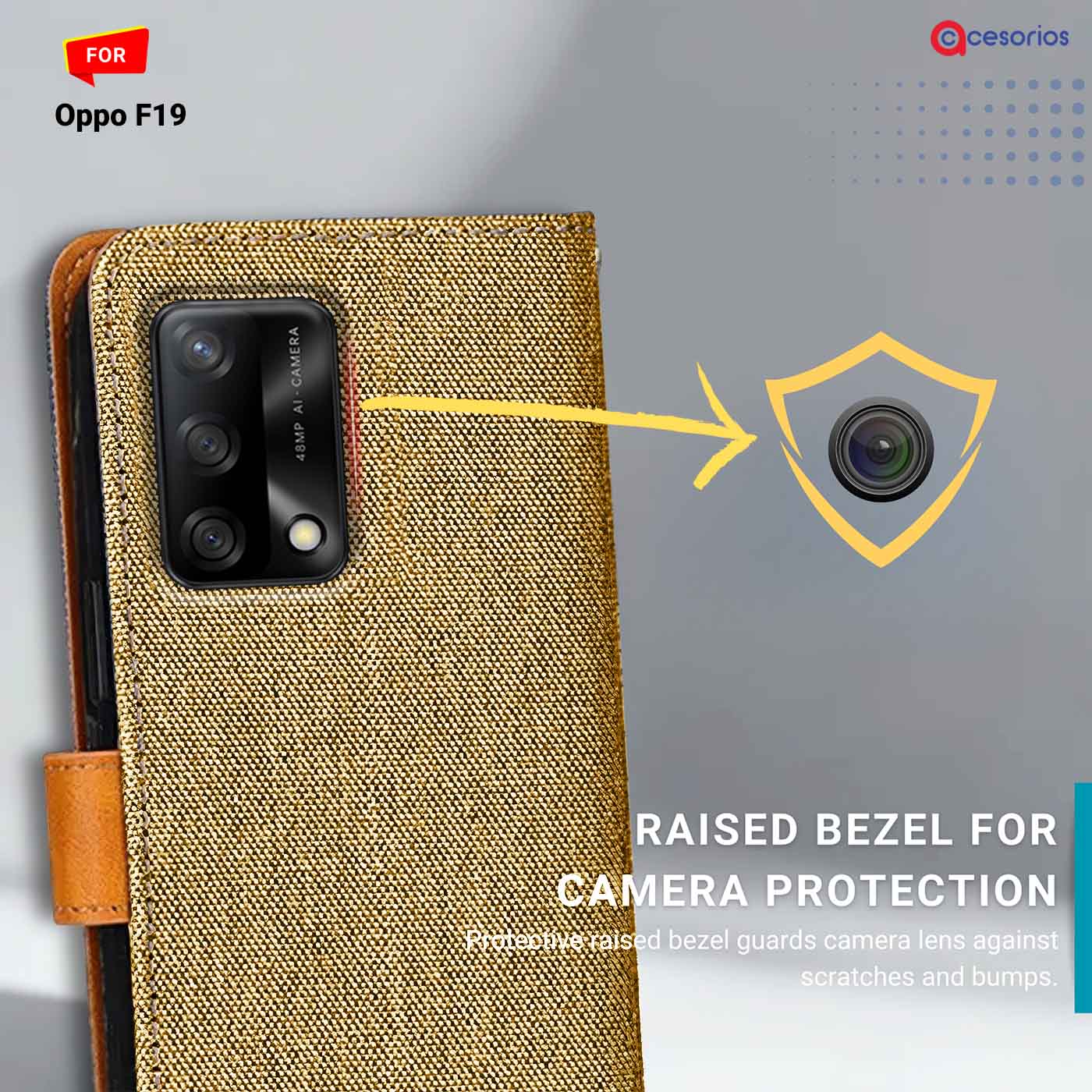 Accesorios Oppo F19 denim flip cover – Light Brown – Image 2 #color_light b