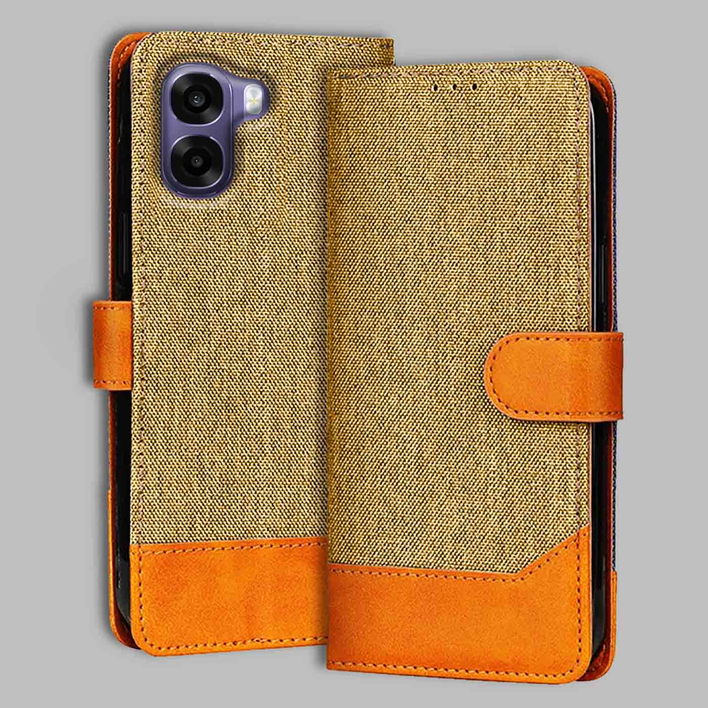 Oppo K14X 5G flip cover in Light Brown — front view by Accesorios