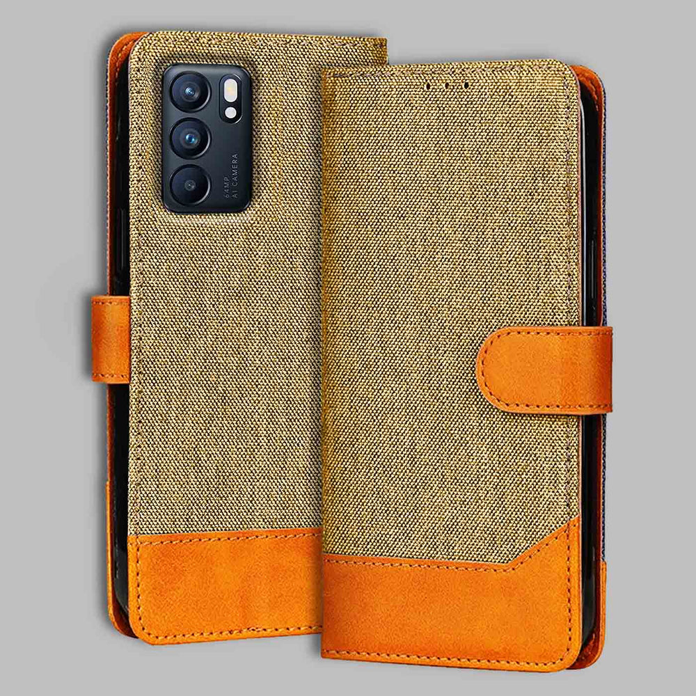 Oppo Reno 6 5G flip cover in Light Brown — front view by Accesorios