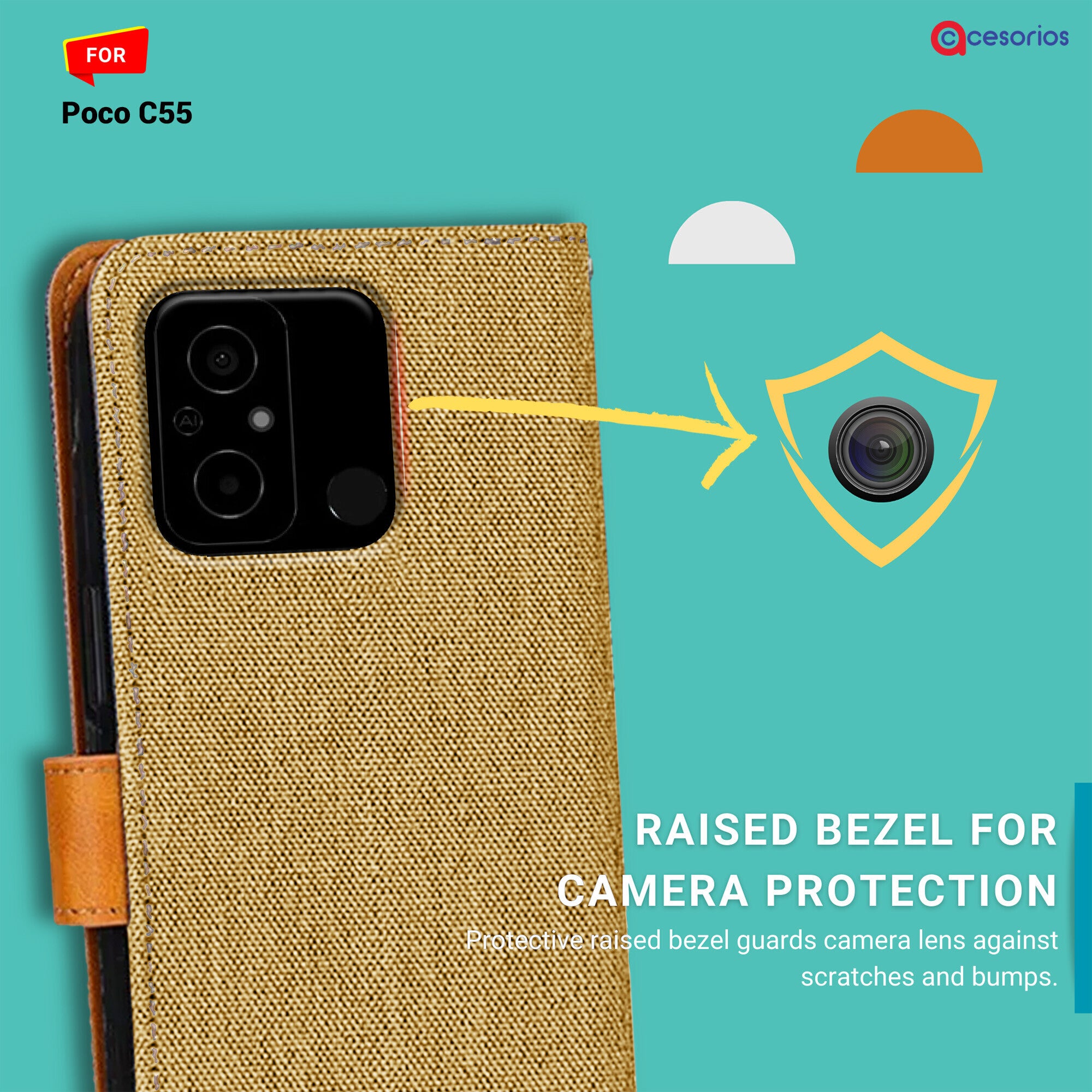 Accesorios Poco C55 denim flip cover – Light Brown – Image 2 #color_light brown