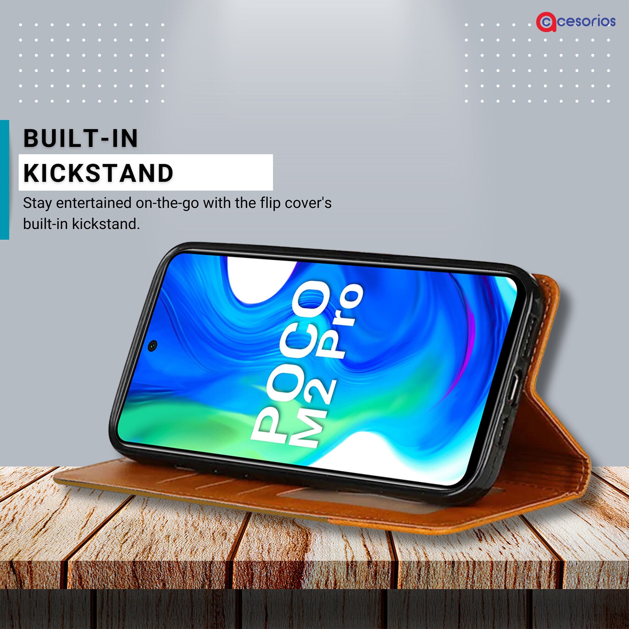 Accesorios Poco M2 Pro denim flip cover – Light Brown – Image 4 #color_light brown