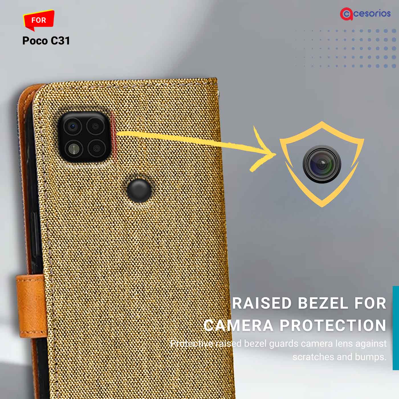 Denim & Leather back panel — Poco C31 in Light Brown mobile case
