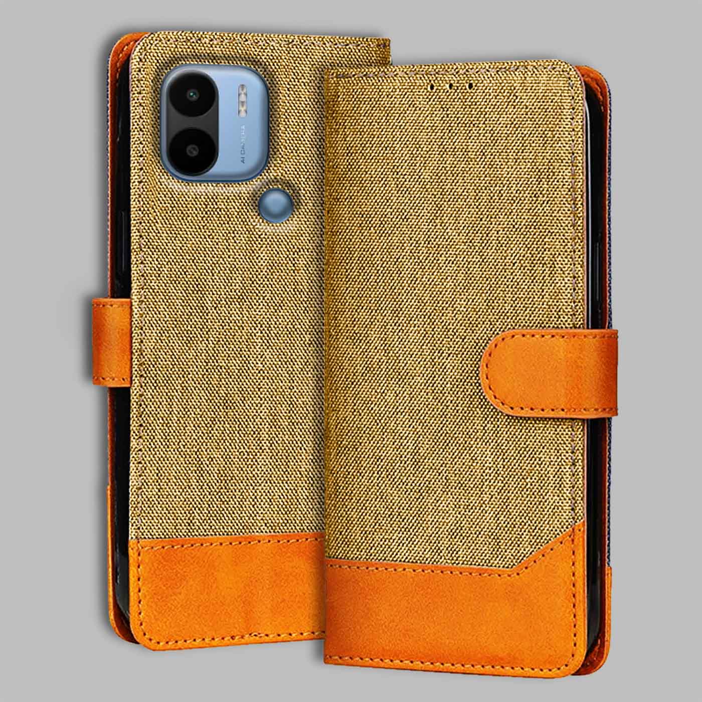 Poco C50 flip cover in Light Brown — front view by Accesorios