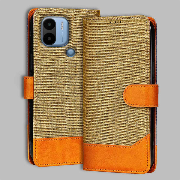 Poco C50 Flip Cover — Denim, Camel Beige after a year of daily use